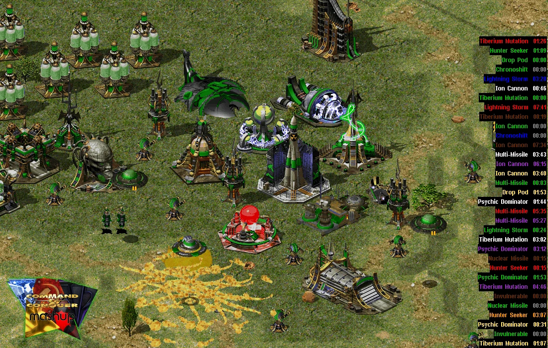 Captura de pantalla en el juego que muestra una base con múltiples estructuras avanzadas de Command & Conquer Yuri's Revenge y un panel de temporizadores de habilidades activas