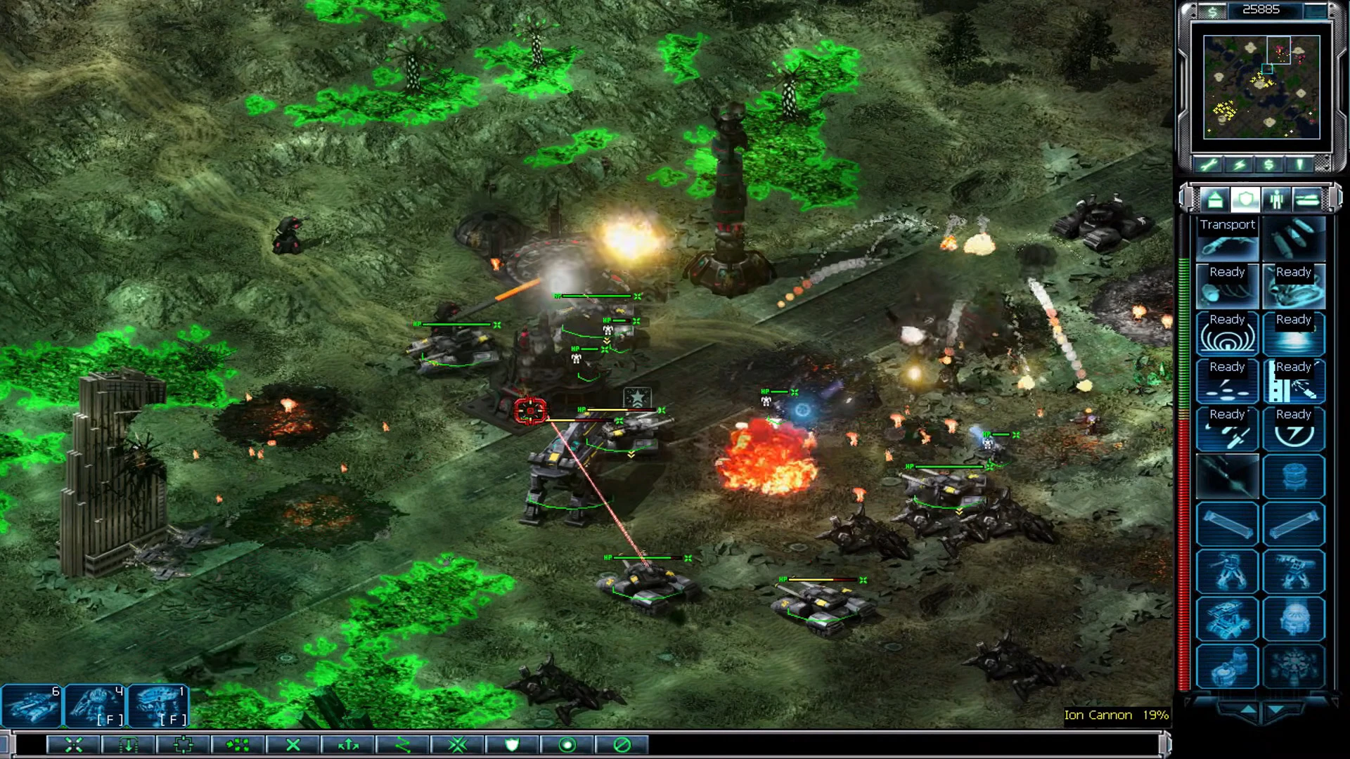 Gameplay-Screenshot zeigt heftige Feuergefechte mit Panzern, Türmen und Explosionen auf radioaktivem Gelände in Tiberium Crisis 2