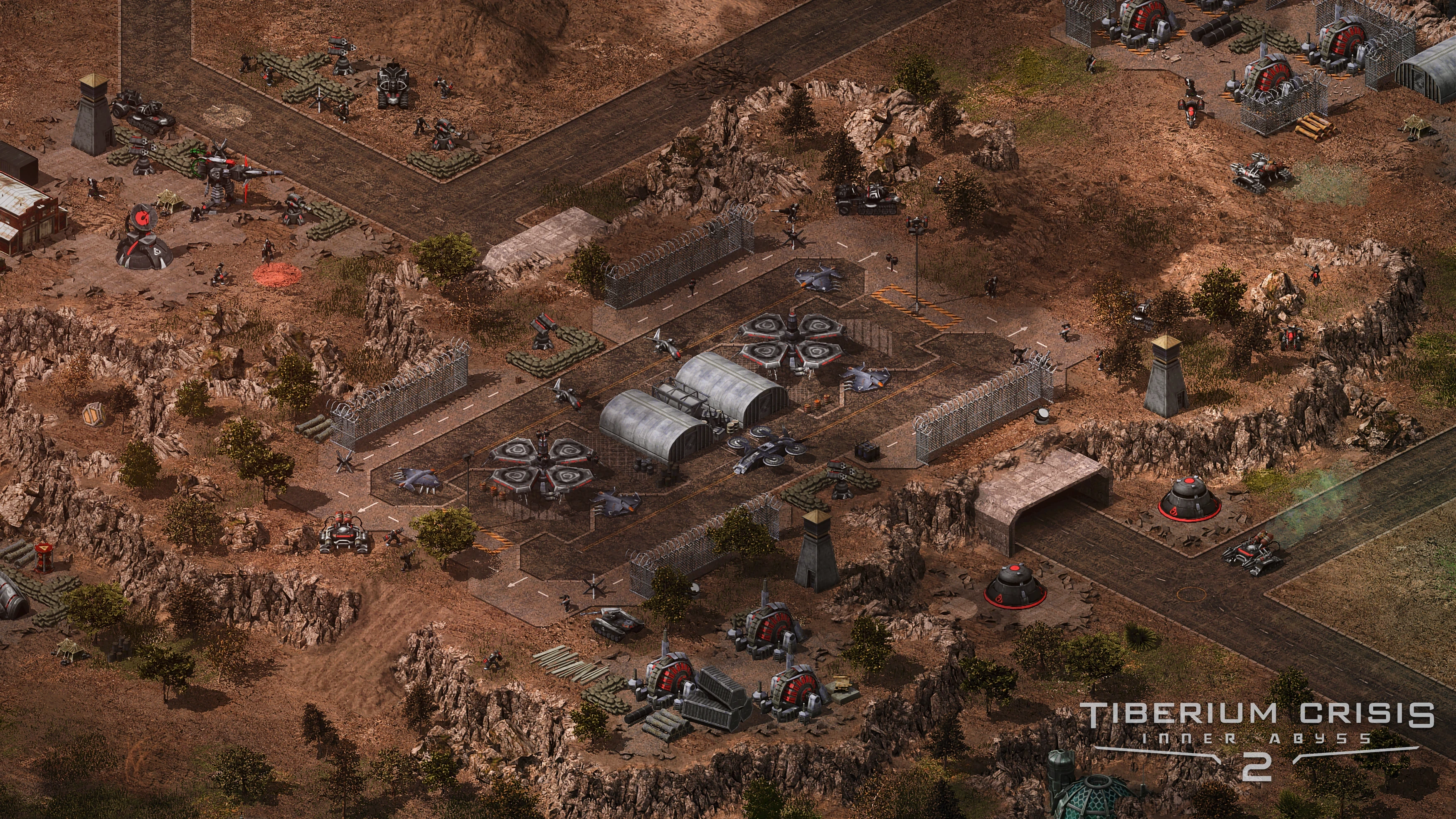 Vogelperspektive auf eine befestigte Militärbasis mit Fahrzeugen und Verteidigungsanlagen im Mod Tiberium Crisis 2
