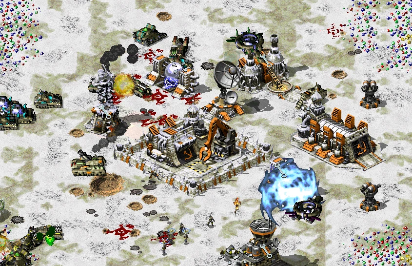 Top-down screenshot of a snowy battlefield with multiple tanks, defensive structures, and soldiers in CnC Final War mod