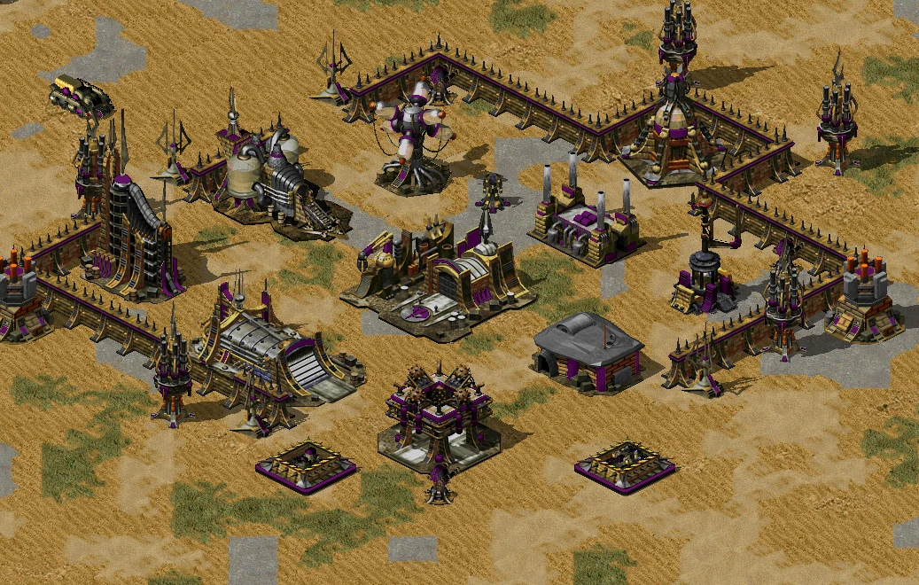 Isometric view of a fortified Command & Conquer Yuri’s Revenge base with multiple defensive structures in CnC Final War mod