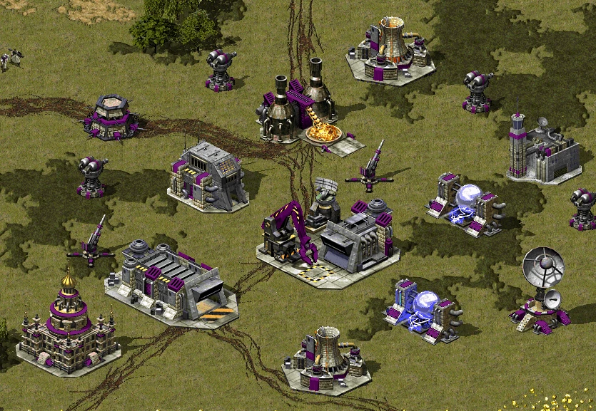 Top-down view of a Command & Conquer Yuri's Revenge base with multiple defensive and production buildings in mod CnC Final War