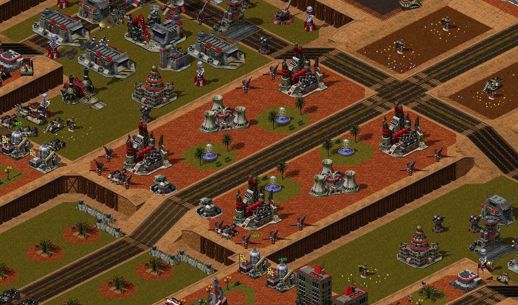 Top-down view of a fortified base with various buildings and defensive turrets in Command & Conquer mod