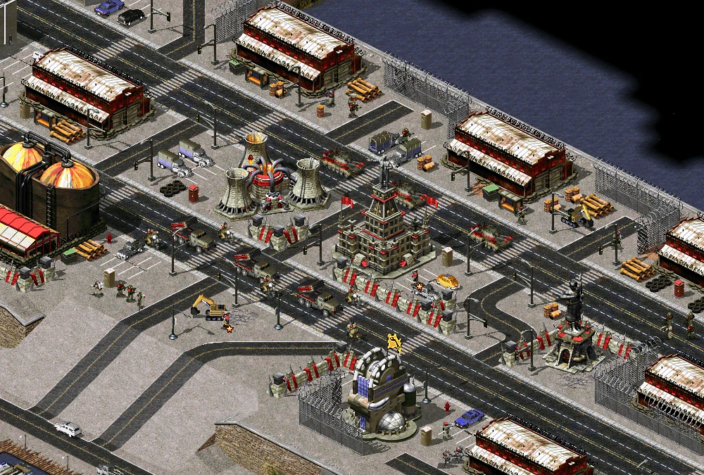 Isometric view of a fortified urban military base with factories, soldiers, and defenses in CnC Final War mod