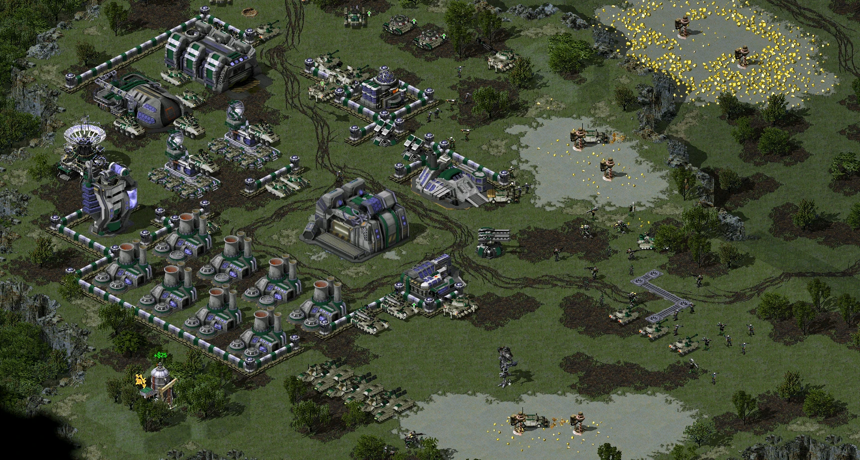 Game screenshot showing a fortified base with multiple power plants, defense turrets, and military vehicles in CnC Final War mod