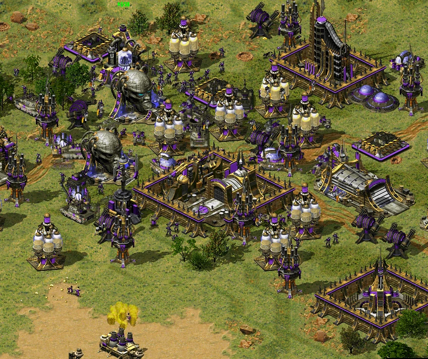 Скриншот мода Command & Conquer с пурпурной футуристической базой, оборонительными башнями и кибернетическими юнитами