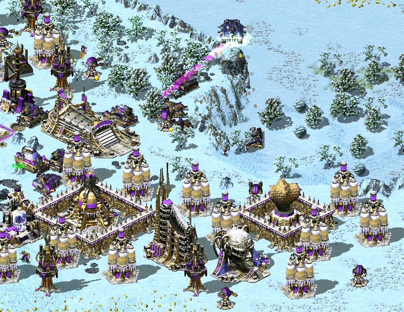 Скриншот мода Command & Conquer New War с заснеженной базой и зданиями, стреляющими фиолетовой энергией