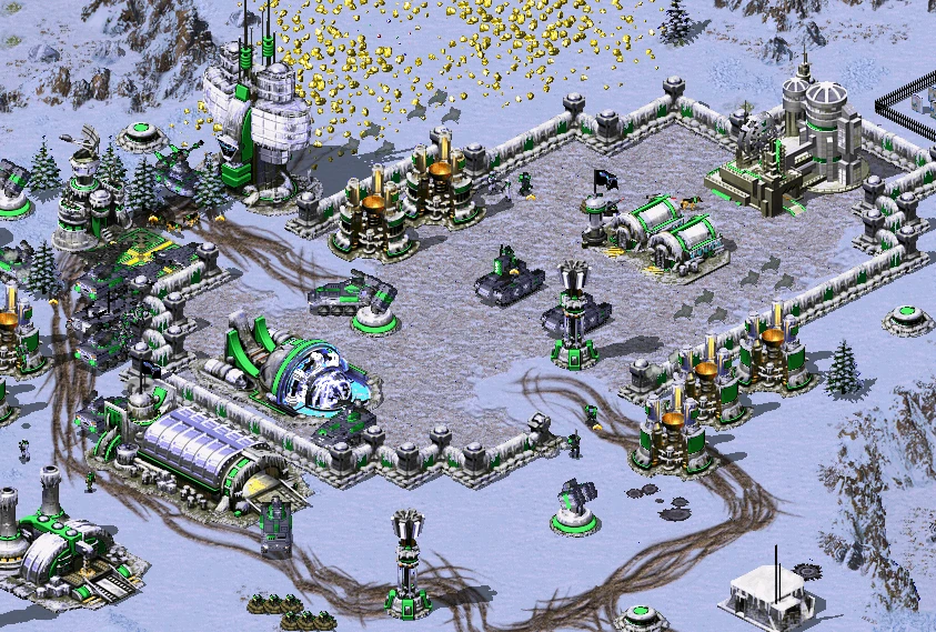 Зимняя база с зелеными строениями и танками в моде Command & Conquer New War