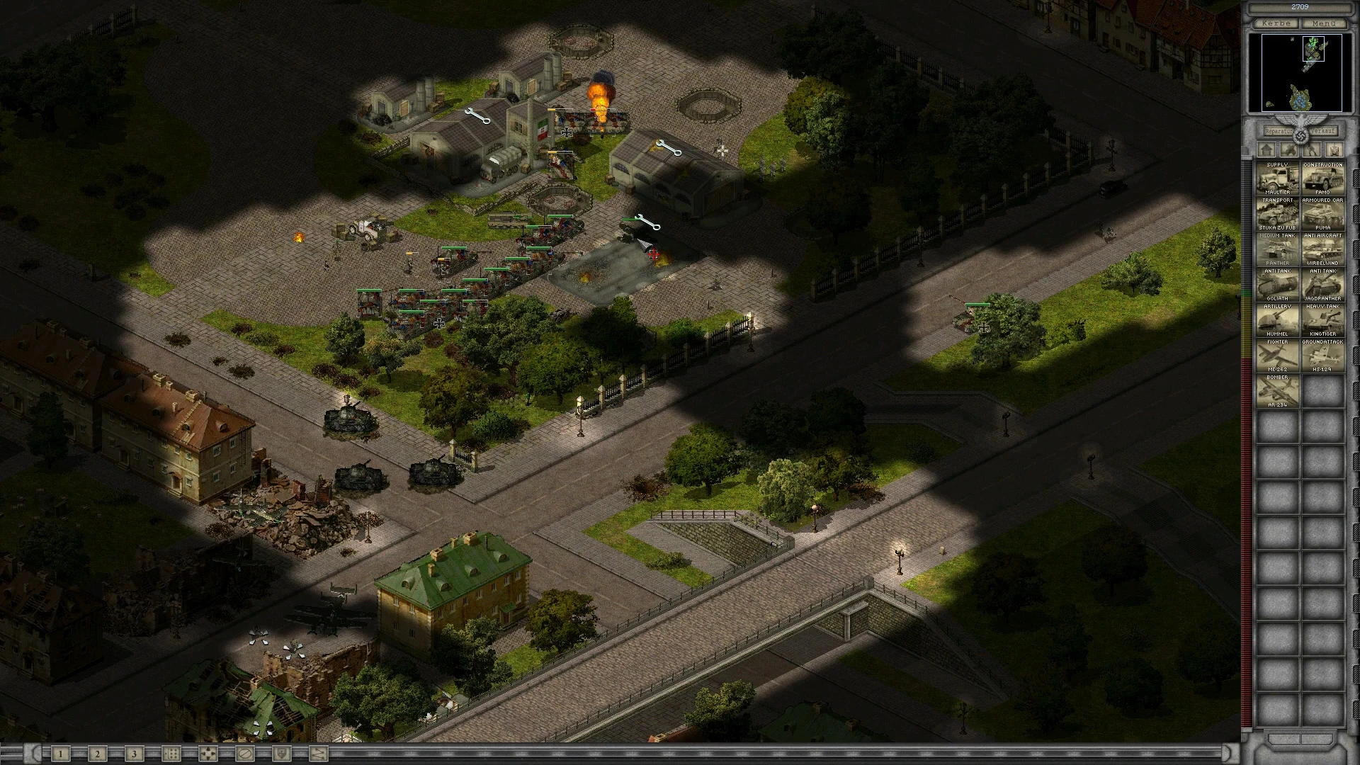 Draufsicht auf urbane Kampfhandlungen mit Panzern, Infanterie und beschädigten Gebäuden im D-day-Mod für Command & Conquer Yuri's Revenge
