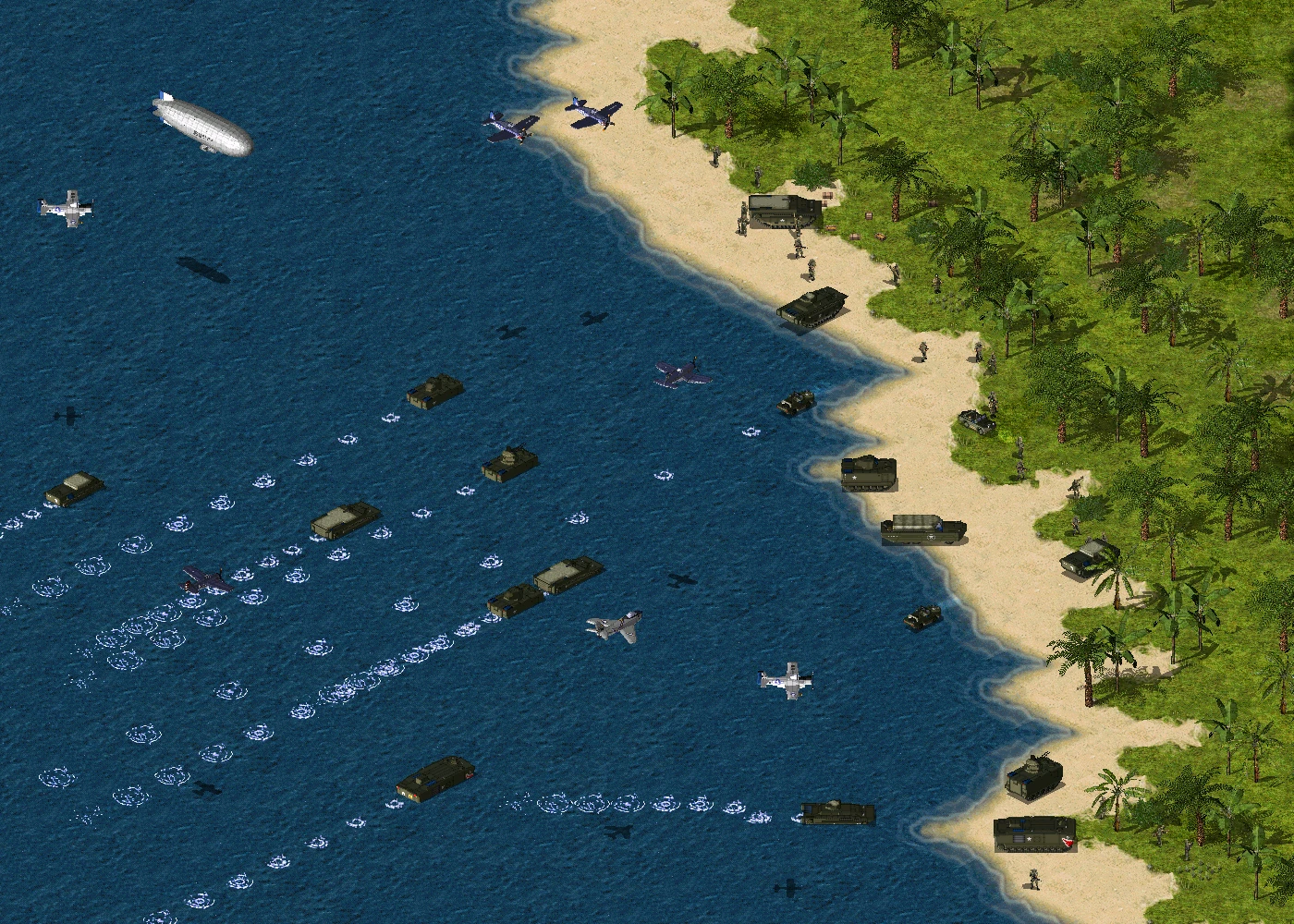 Draufsicht auf die Landung am D-Day-Strand mit Truppen, Panzern, Flugzeugen und Schiffen im Command & Conquer Yuri's Revenge Mod