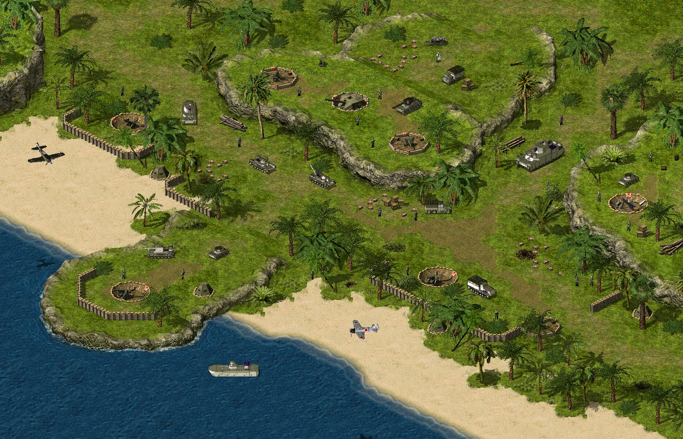 Vogelperspektive auf ein grünes Küstenkampfgebiet mit Panzern, Soldaten, Bunkern, Flugzeugen und Schiff in Command & Conquer Yuri's Revenge Mod