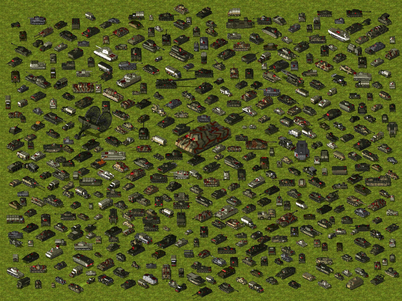 Draufsicht auf zahlreiche militärische Bodeneinheiten, die auf einem grünen Feld im D-day Mod für Yuri's Revenge angeordnet sind