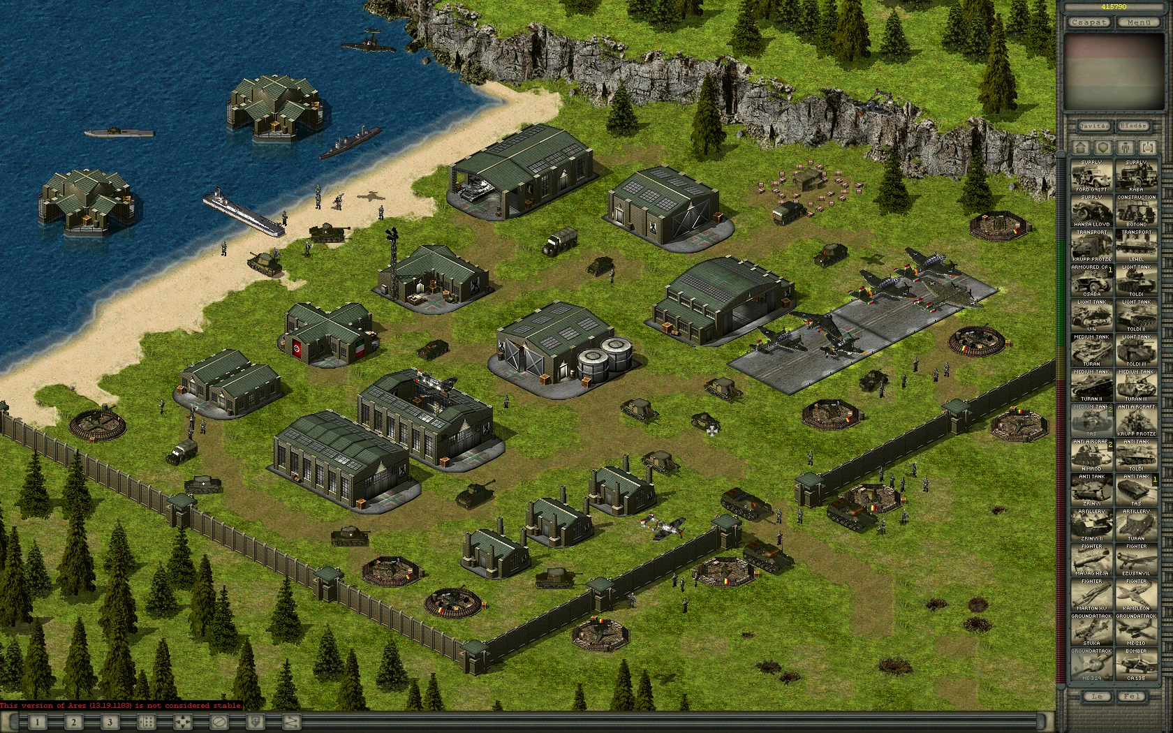 Draufsicht auf befestigte Militärbasis mit Fahrzeugen, Flugzeugen, Infanterie und Küstenlinie im Command & Conquer Yuri's Revenge Mod