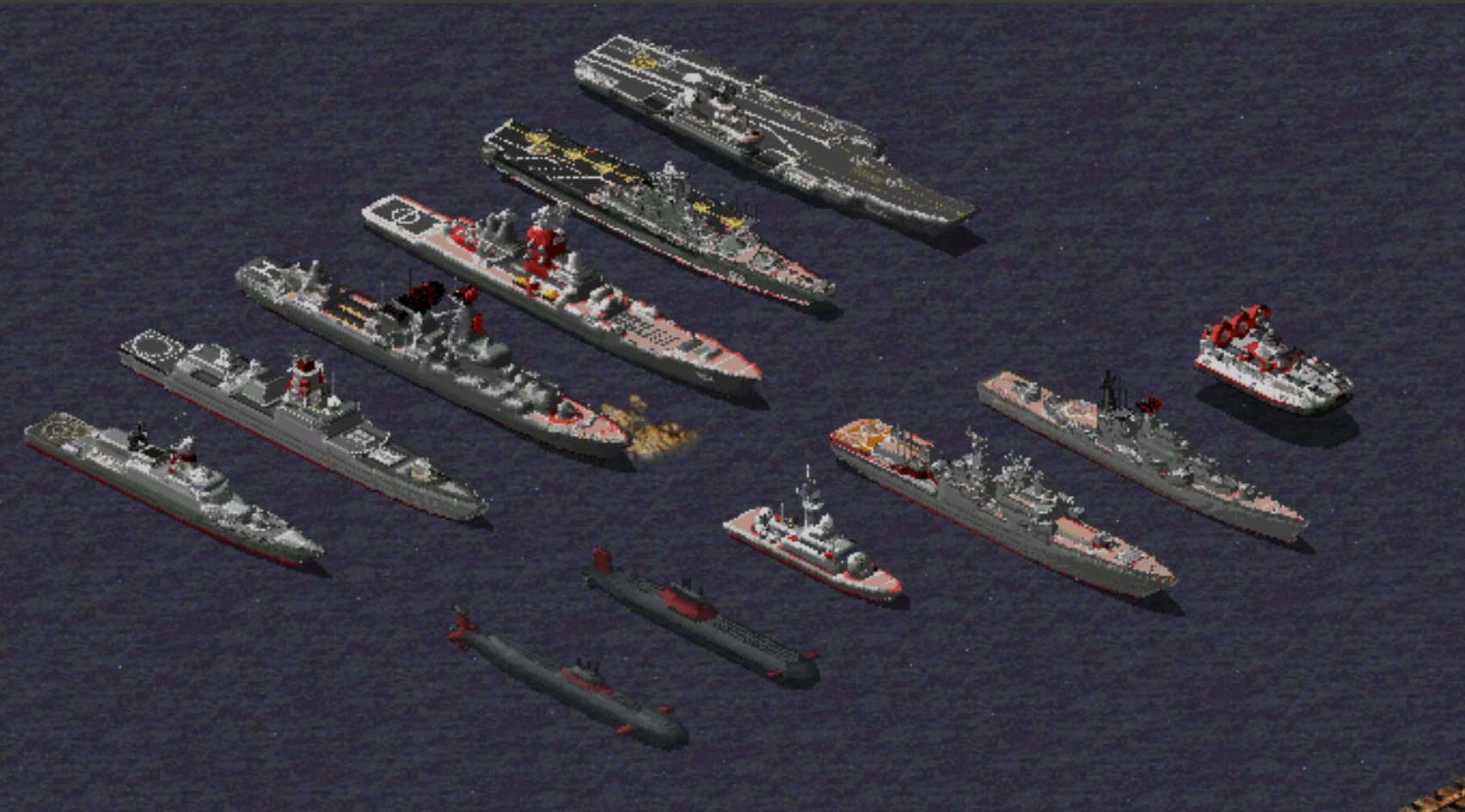 Vista isométrica de una flota naval detallada con varios buques de guerra y submarinos sobre agua oscura del océano