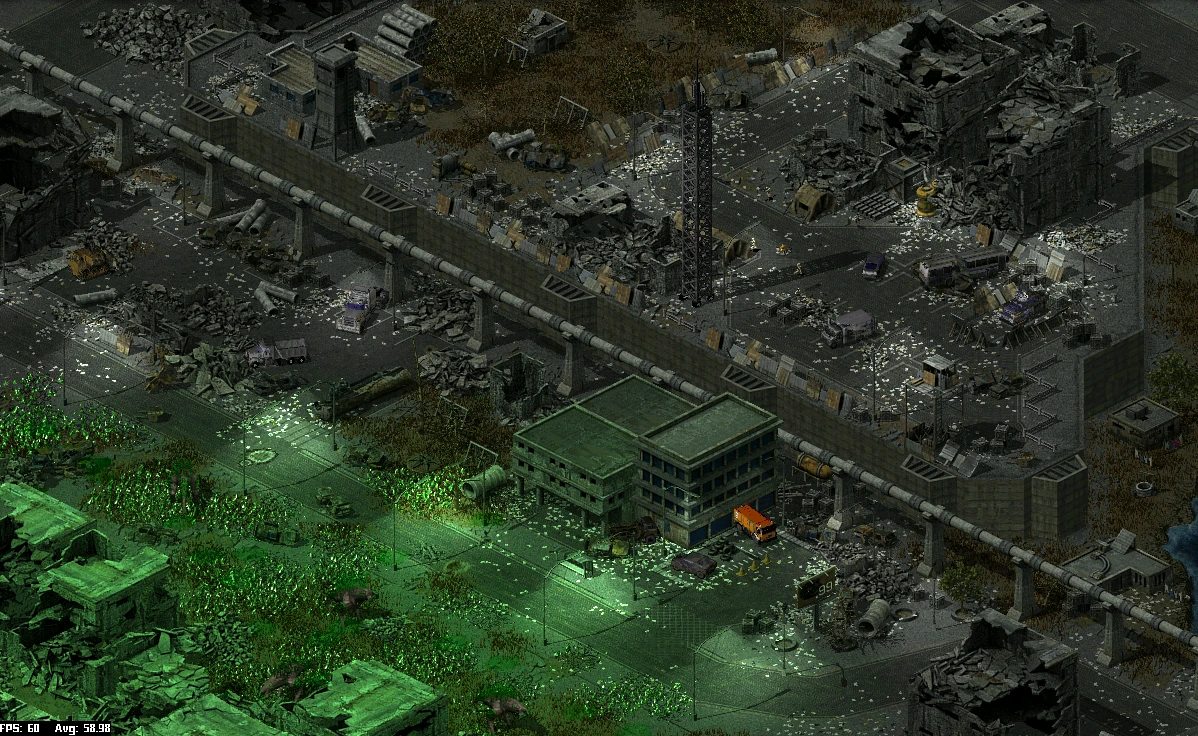 Vista cenital de ciudad devastada con escombros, edificios en ruinas y mutantes verdes en las calles en mod Global Crisis para Yuri's Revenge