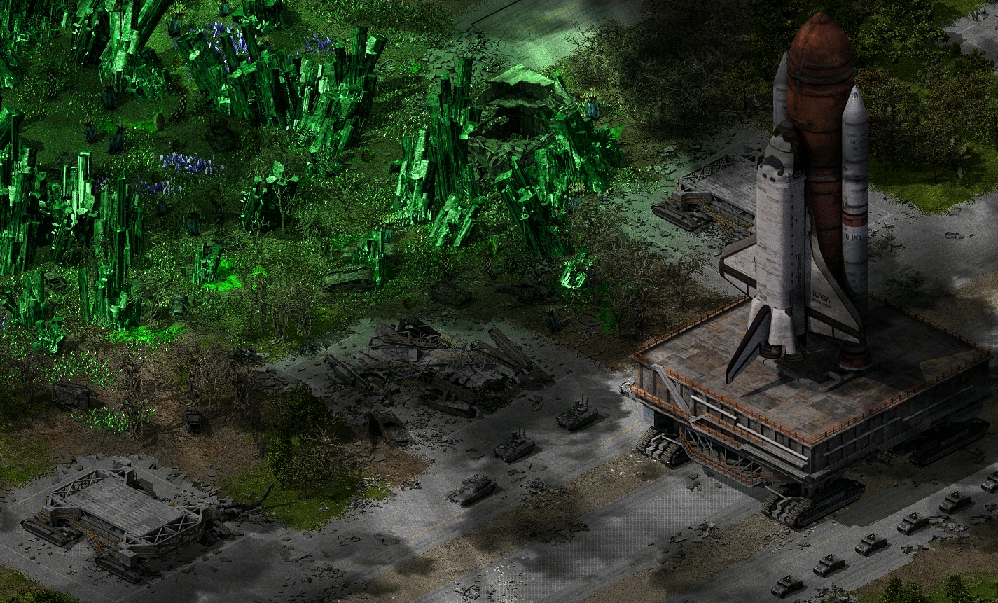 Transbordador espacial sobre la plataforma de lanzamiento con tanques moviéndose cerca y formaciones de cristales verdes