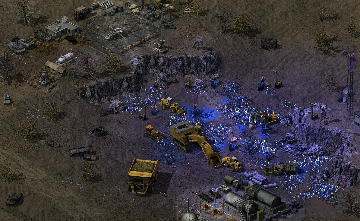 Vehículos mineros extrayendo cristales azules en una base rocosa del mod Global Crisis