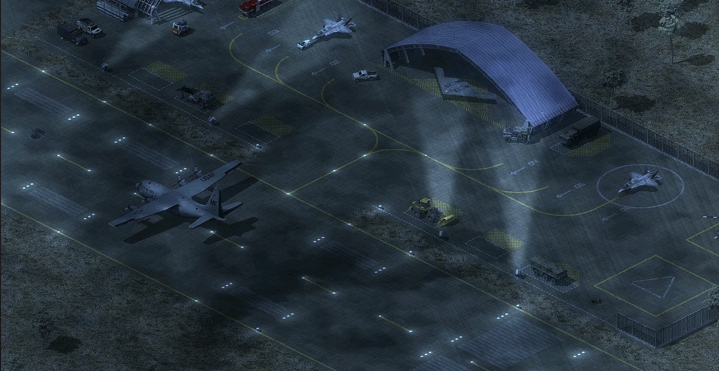 Vista aérea de base militar iluminada de noche con aviones, vehículos y hangar en el mod Global Crisis