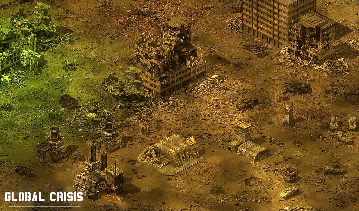 Edificios urbanos destruidos y unidades militares en un paisaje desolado del mod Global Crisis para Command & Conquer Yuri's Revenge