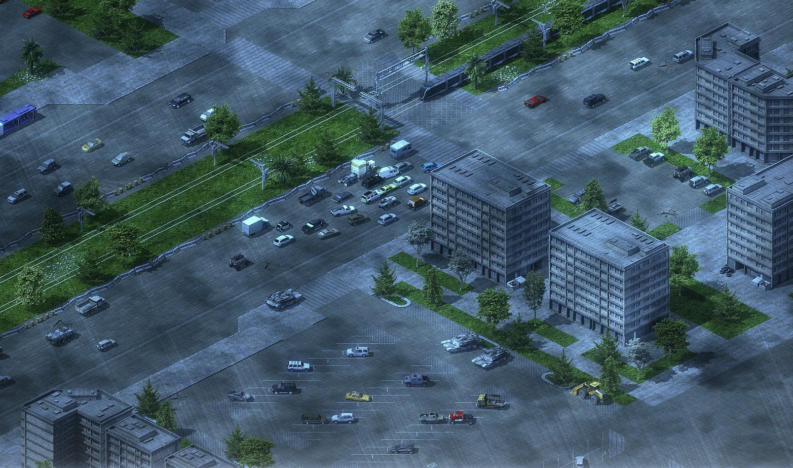 Vista isométrica de una cuadrícula urbana con varios tanques, autos y edificios en el mod Global Crisis de Command & Conquer Yuri's Revenge