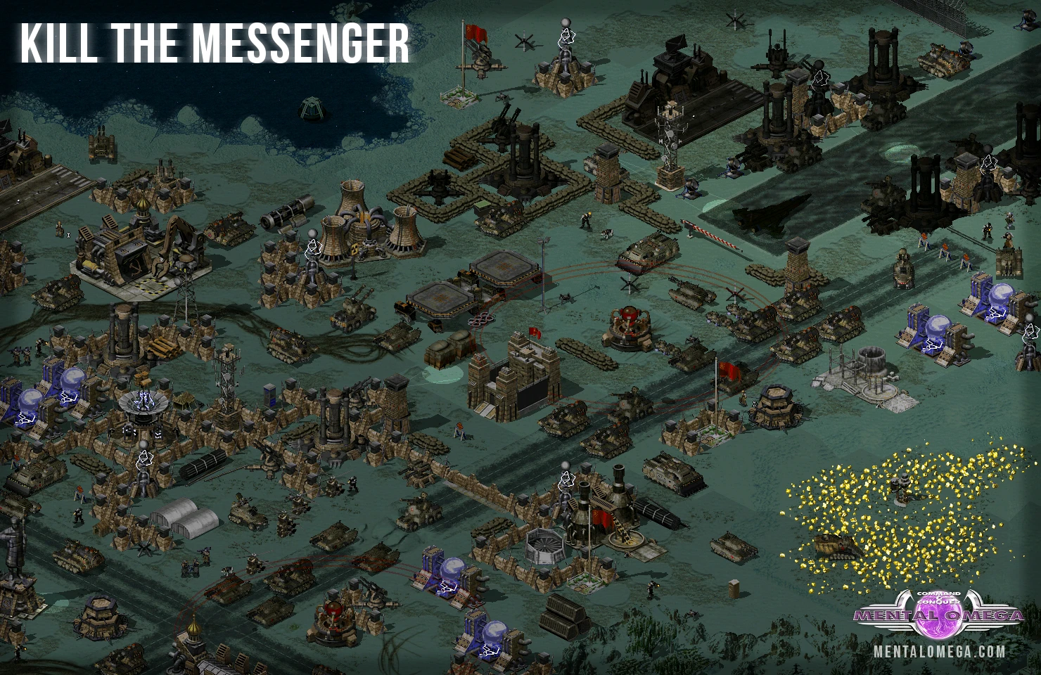 Скриншот мода Mental Omega для Command & Conquer Yuri's Revenge с детализированной военной базой, танками, обороной и солдатами в боевой ситуации.