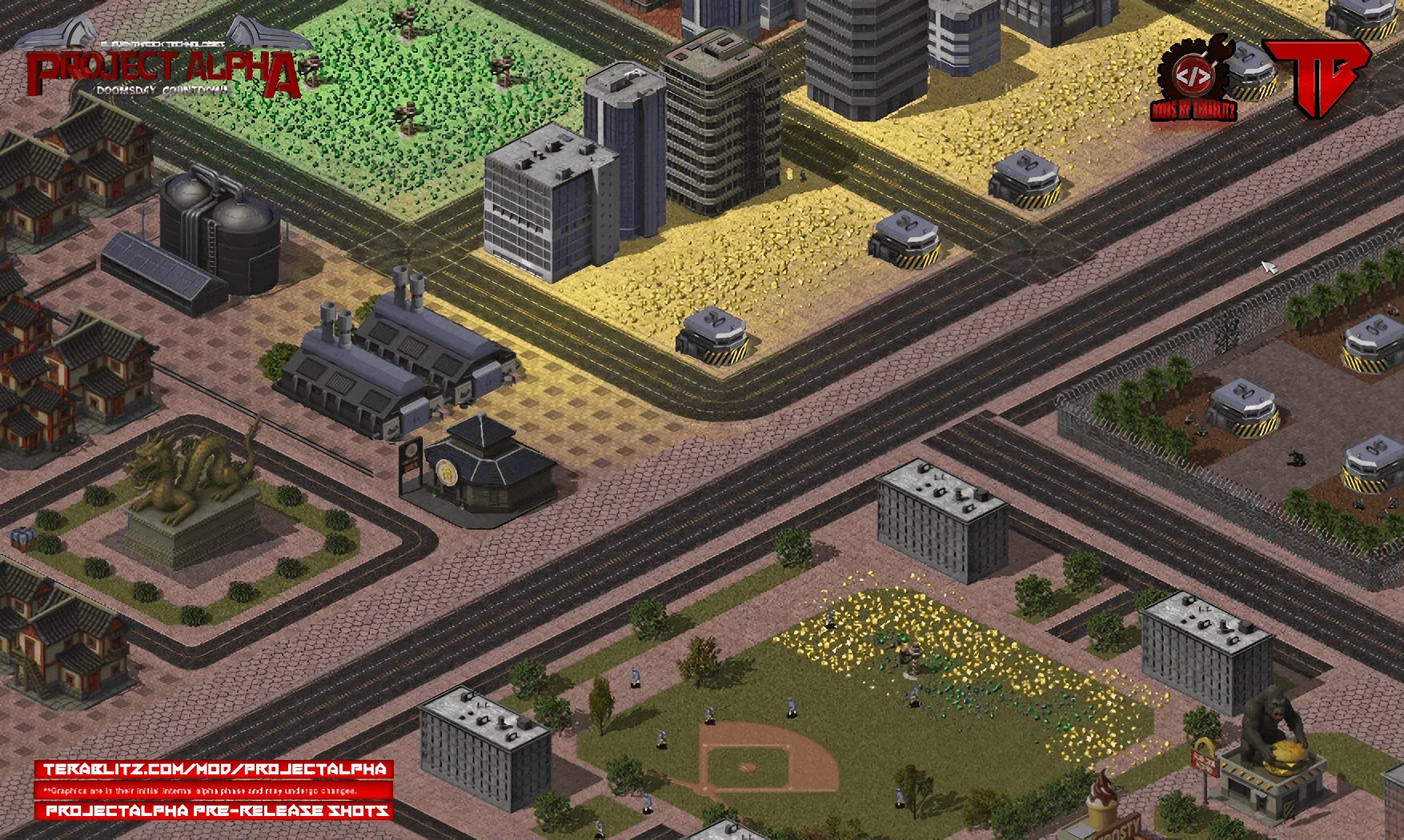 Vista aérea de un mapa urbano con edificios, carreteras, torretas defensivas y unidades de infantería en el mod Project Alpha