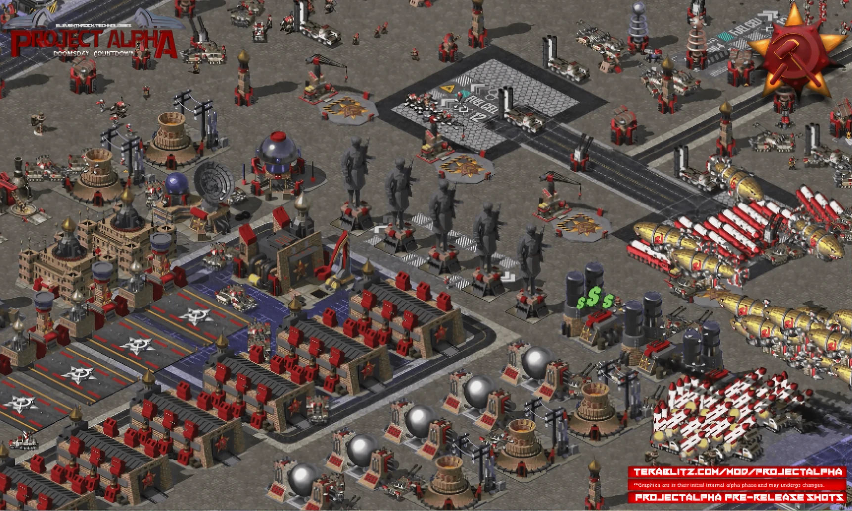 Captura isométrica de una base soviética fuertemente fortificada con múltiples silos de misiles, estatuas y unidades con armadura roja en el mod Project Alpha de Command & Conquer Yuri's Revenge