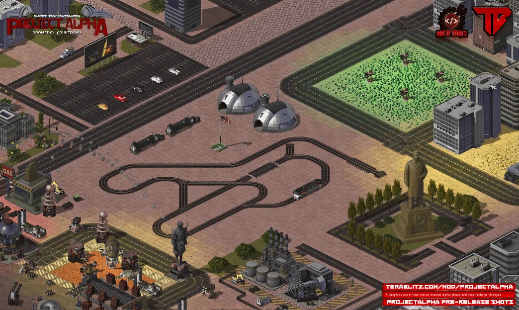 Vista isométrica de área urbana con edificios militares, vías de ferrocarril, estatuas, carreteras y coches estacionados en el mod Project Alpha para Command & Conquer