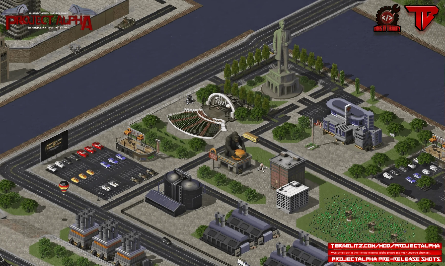 Captura isométrica que muestra una zona de ciudad detallada con carreteras, coches aparcados, estatuas y edificios industriales en el mod Project Alpha