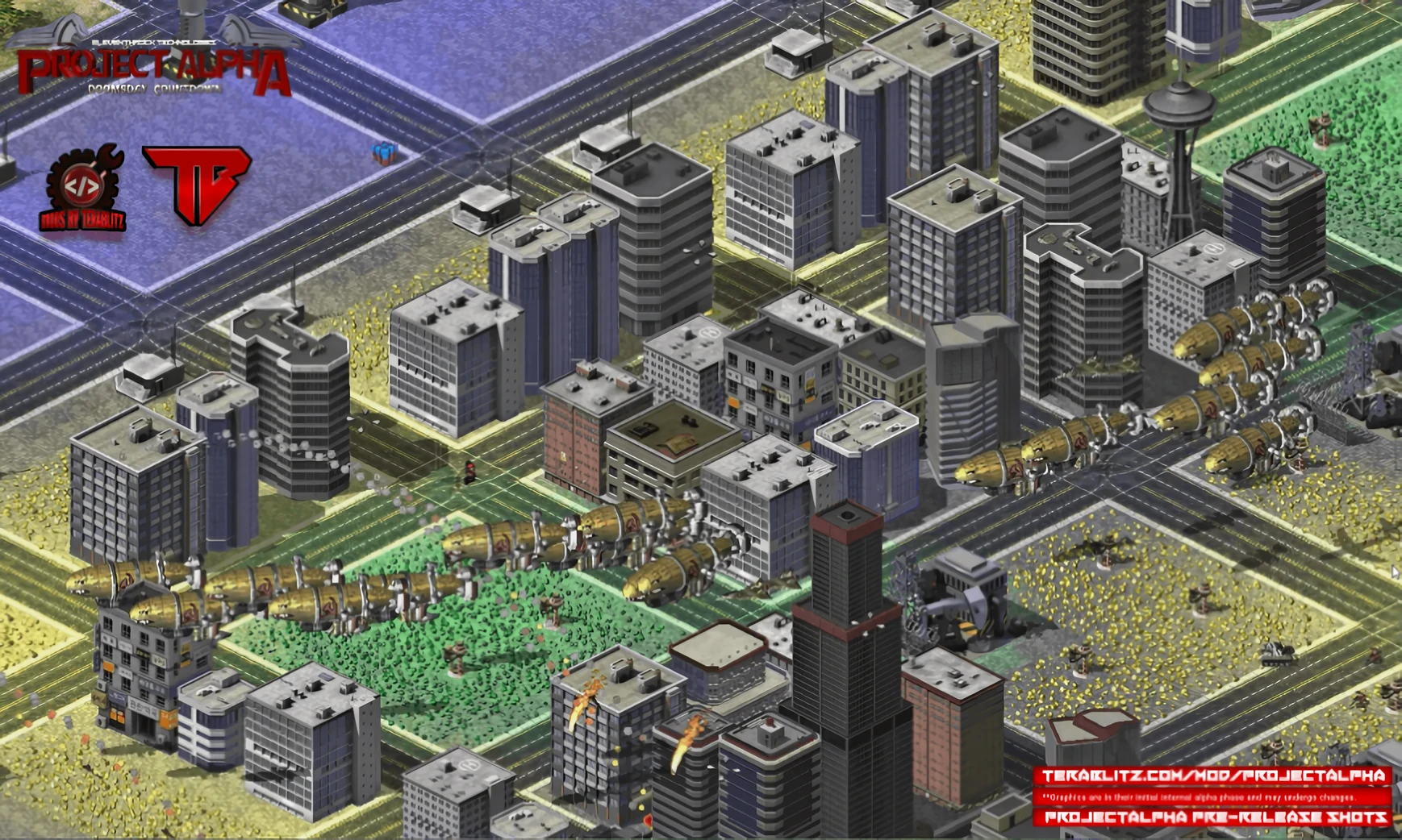Paisaje urbano isométrico bajo ataque de misiles en el mod Project Alpha de Command & Conquer Yuri's Revenge