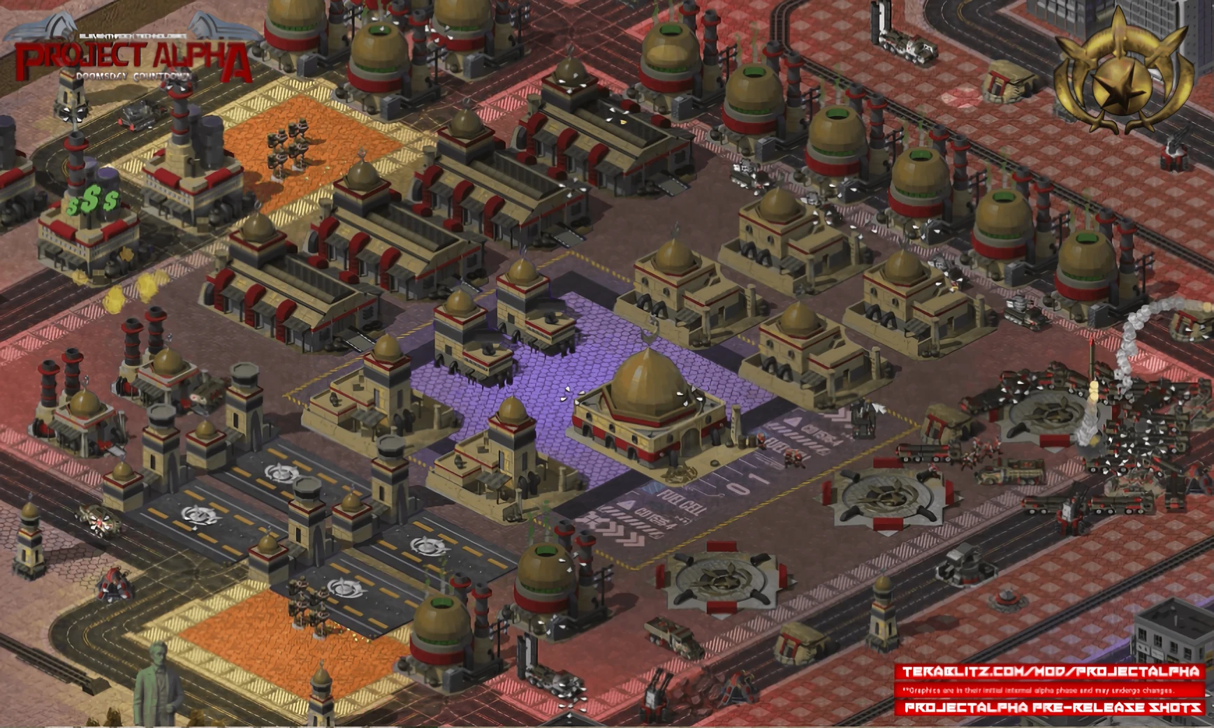 Vista superior de una base militar detallada con estructuras y vehículos en el mod Project Alpha para Yuri's Revenge