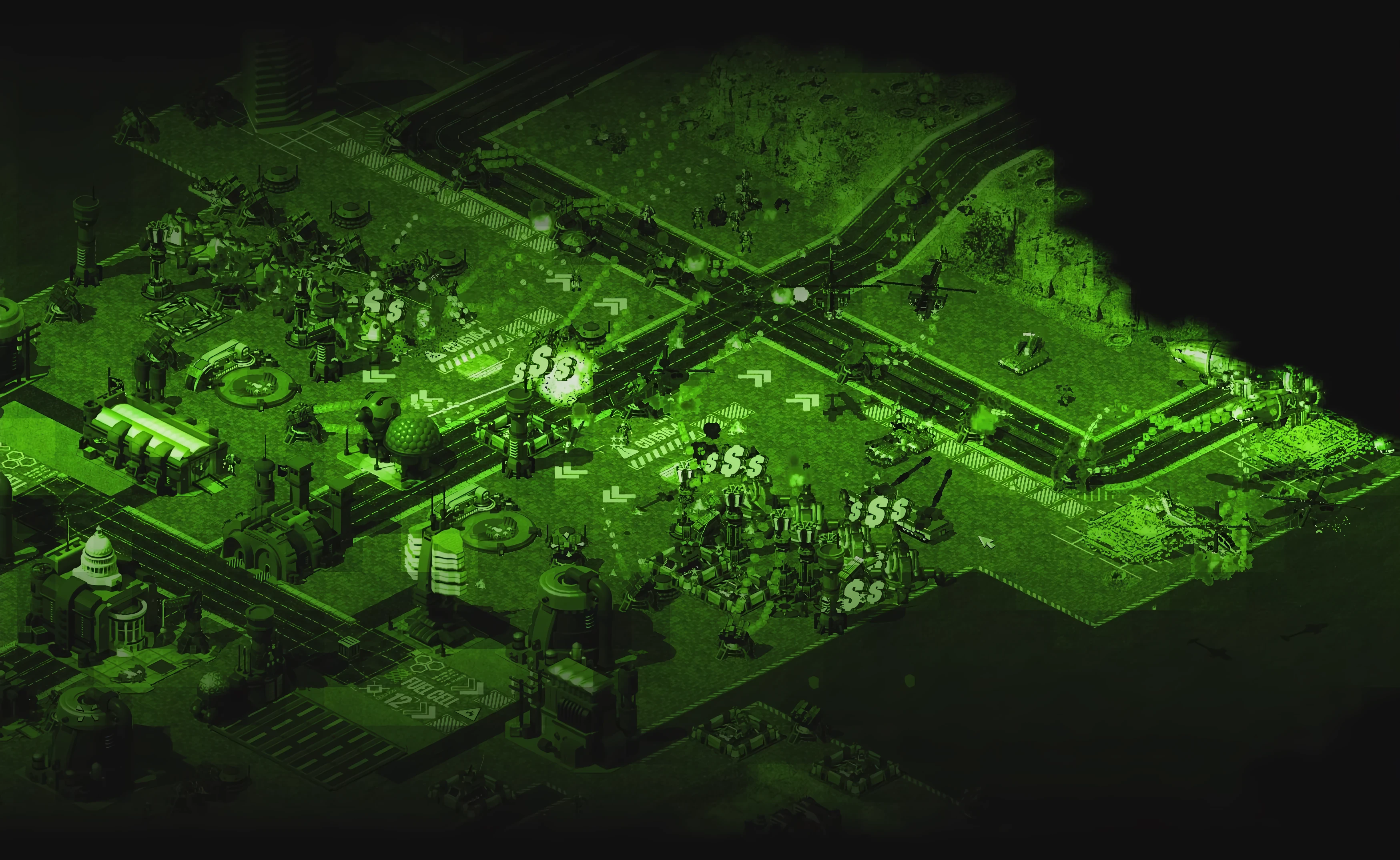 Vista táctica isométrica de una base futurista con estructuras defensivas y unidades en el mod Project Alpha