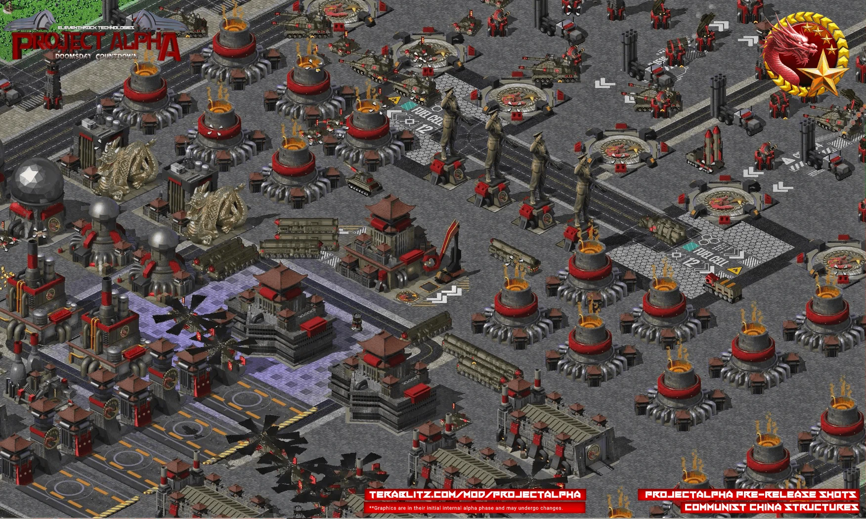 Vista isométrica de una base densa de China comunista con fábricas, plantas eléctricas, estatuas y lanzamisiles en el mod Project Alpha