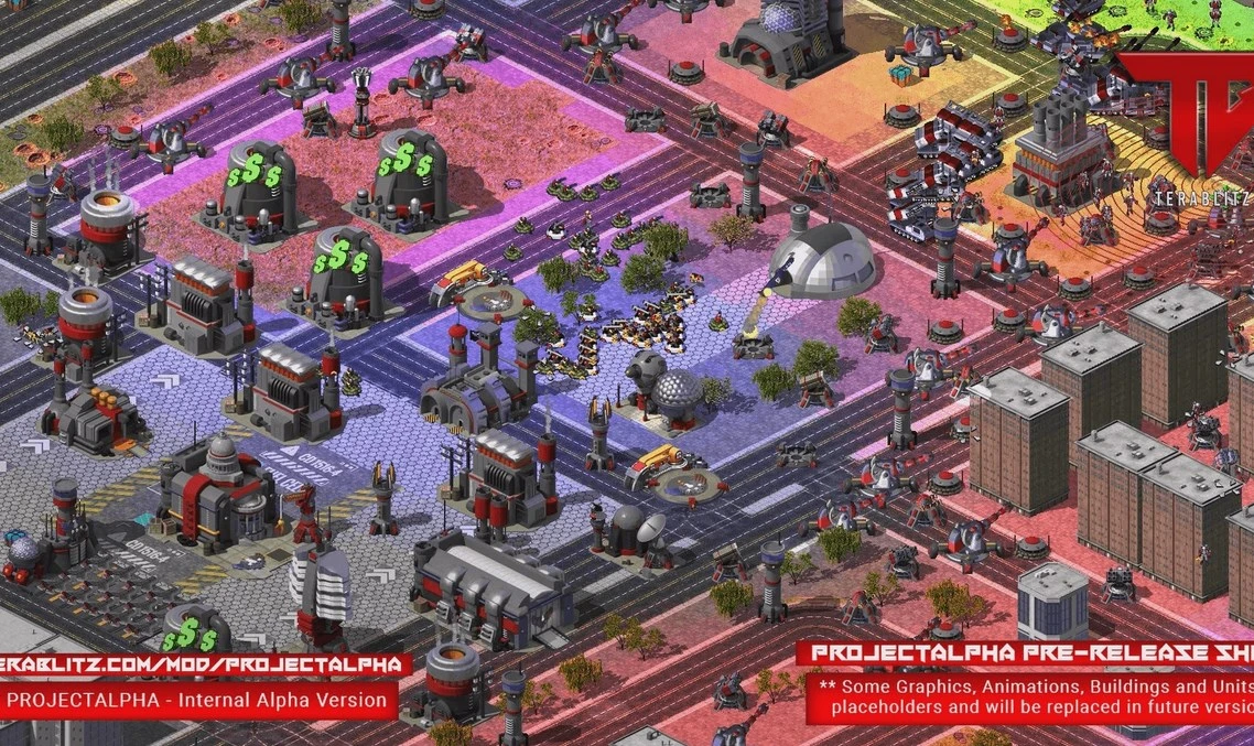 Captura mostrando una base militar futurista detallada con edificios, unidades y torretas en el mod Project Alpha para Command & Conquer Yuri's Revenge