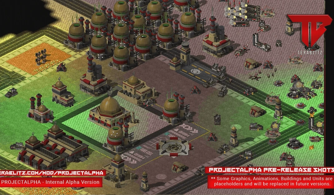 Captura de pantalla que muestra una base detallada con edificios y unidades en el mod Project Alpha para Command & Conquer: Yuri's Revenge