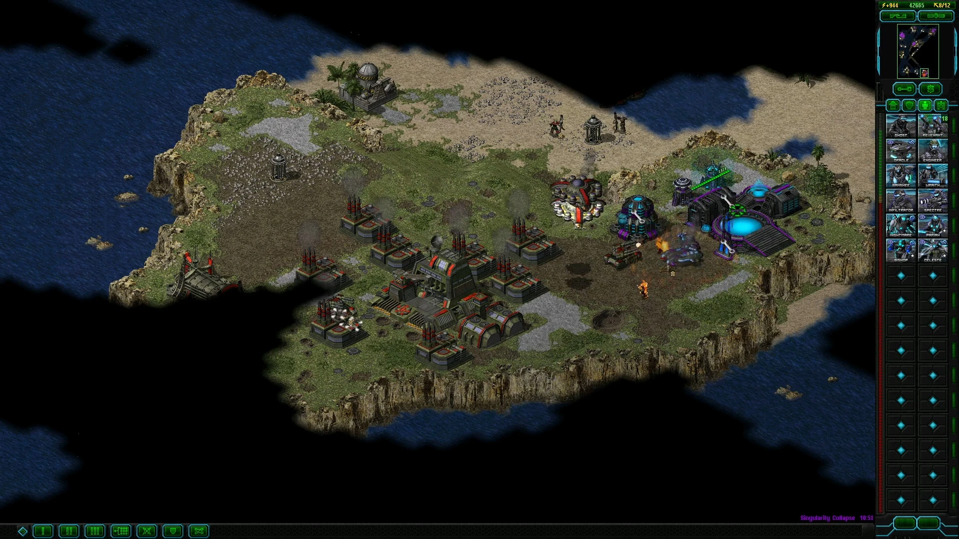 In-game screenshot showing a coastal base with buildings and units in Command & Conquer Yuri's Revenge Project Phantom mod