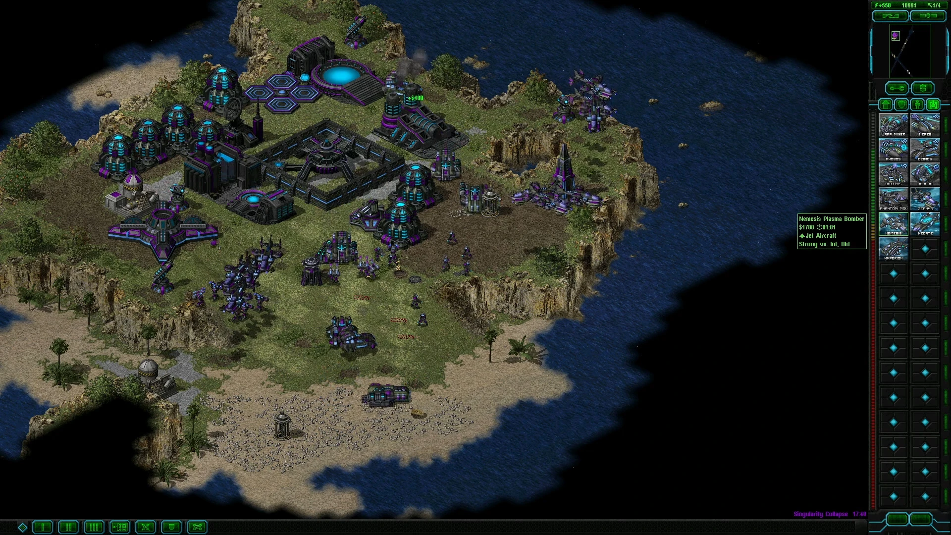 Top-down view of a coastal base with futuristic buildings and units, showing the Project Phantom mod interface in Yuri's Revenge