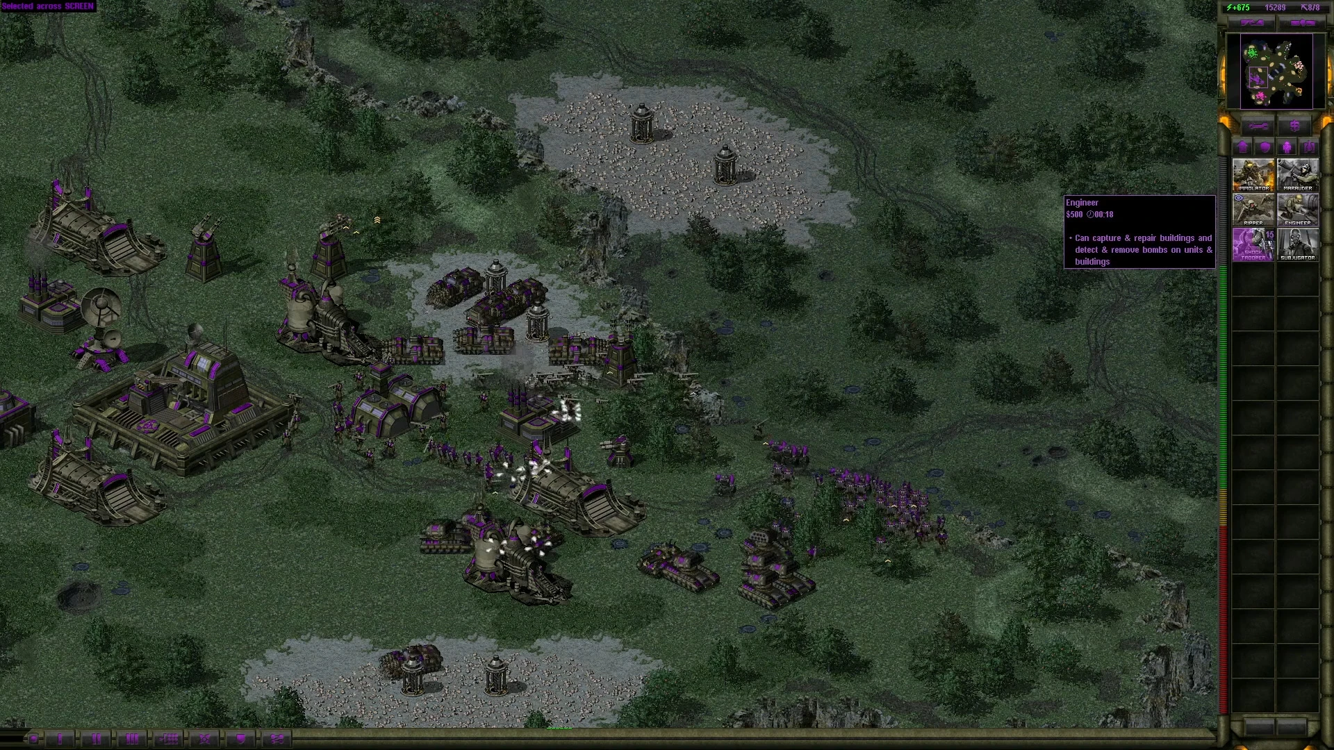 Top-down view of a military base and units in Project Phantom mod for Command & Conquer Yuri's Revenge