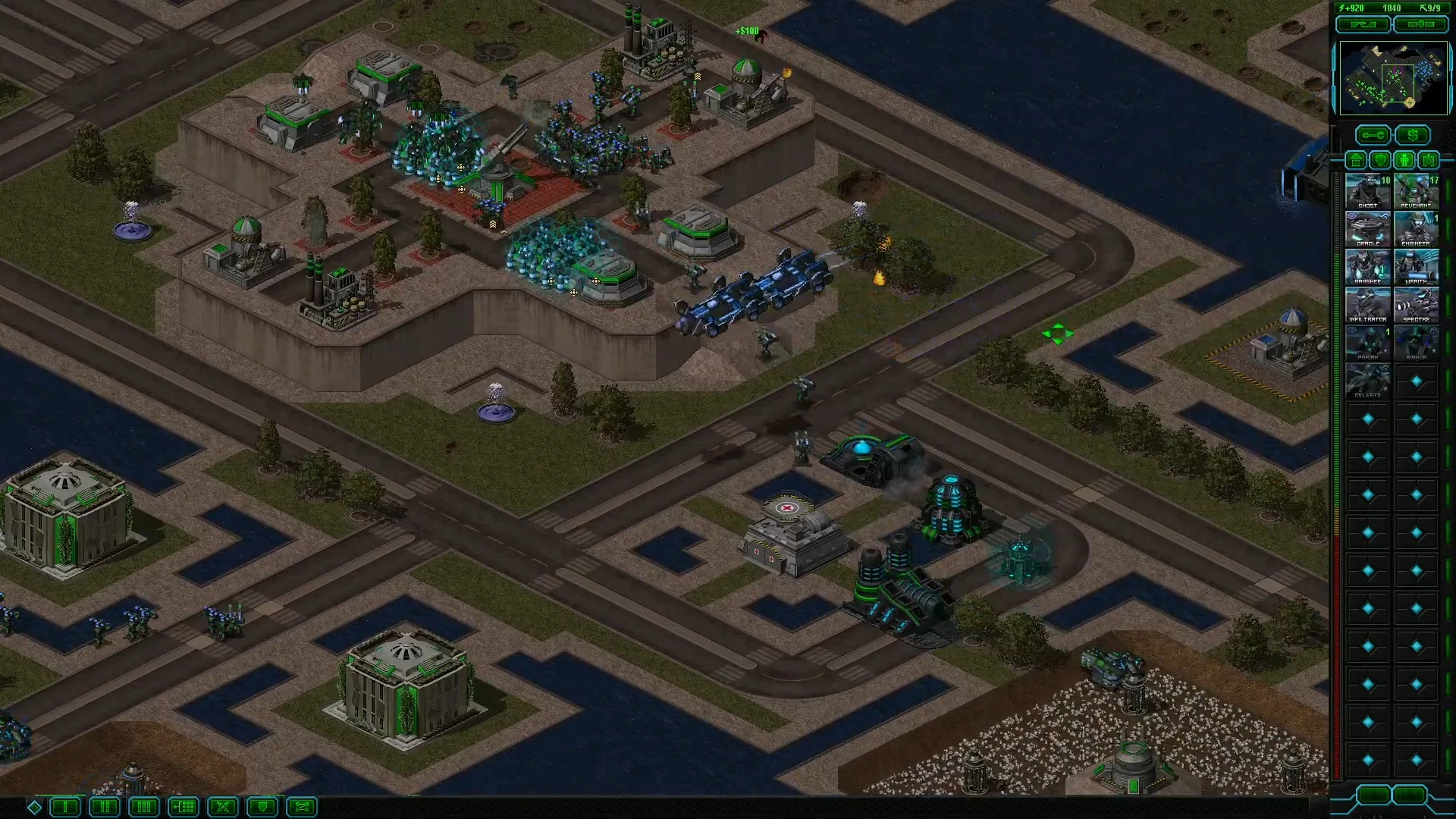A detailed overhead view of base structures, units, and interface in Command & Conquer Yuri's Revenge Project Phantom mod