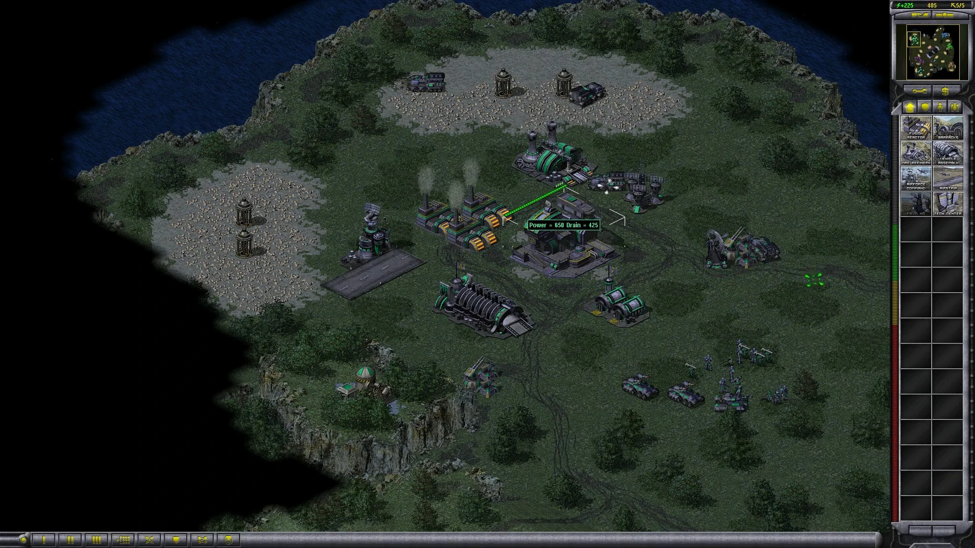 Command & Conquer Yuri's Revenge Project Phantom mod screenshot showing a base with power plants, buildings, and units in a forested map area