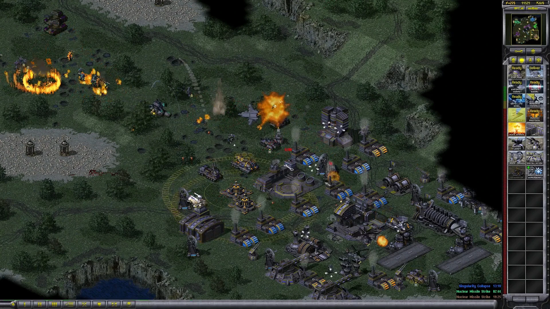 Yuri's Revenge gameplay showing a forest base under attack with explosions and military units in Project Phantom mod