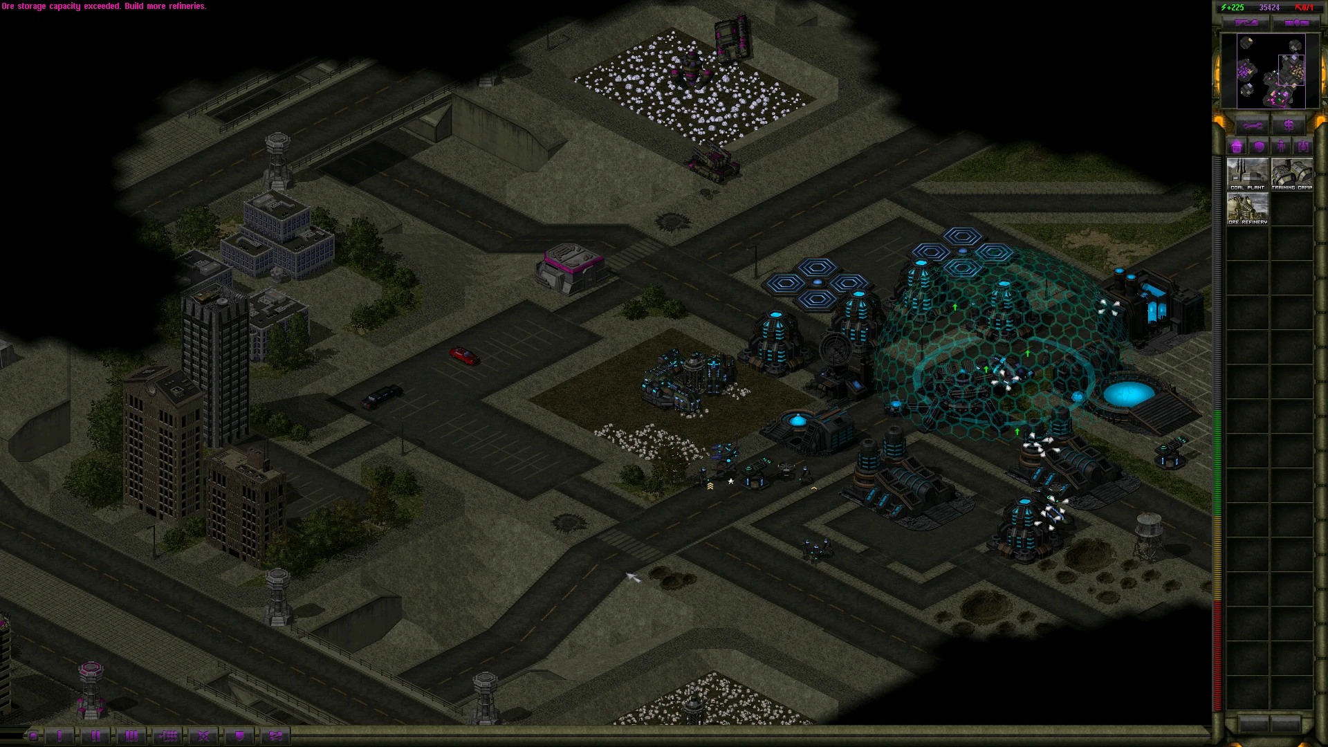 Screenshot of Command & Conquer Yuri's Revenge showing a futuristic urban base with shield dome and structures in Project Phantom mod