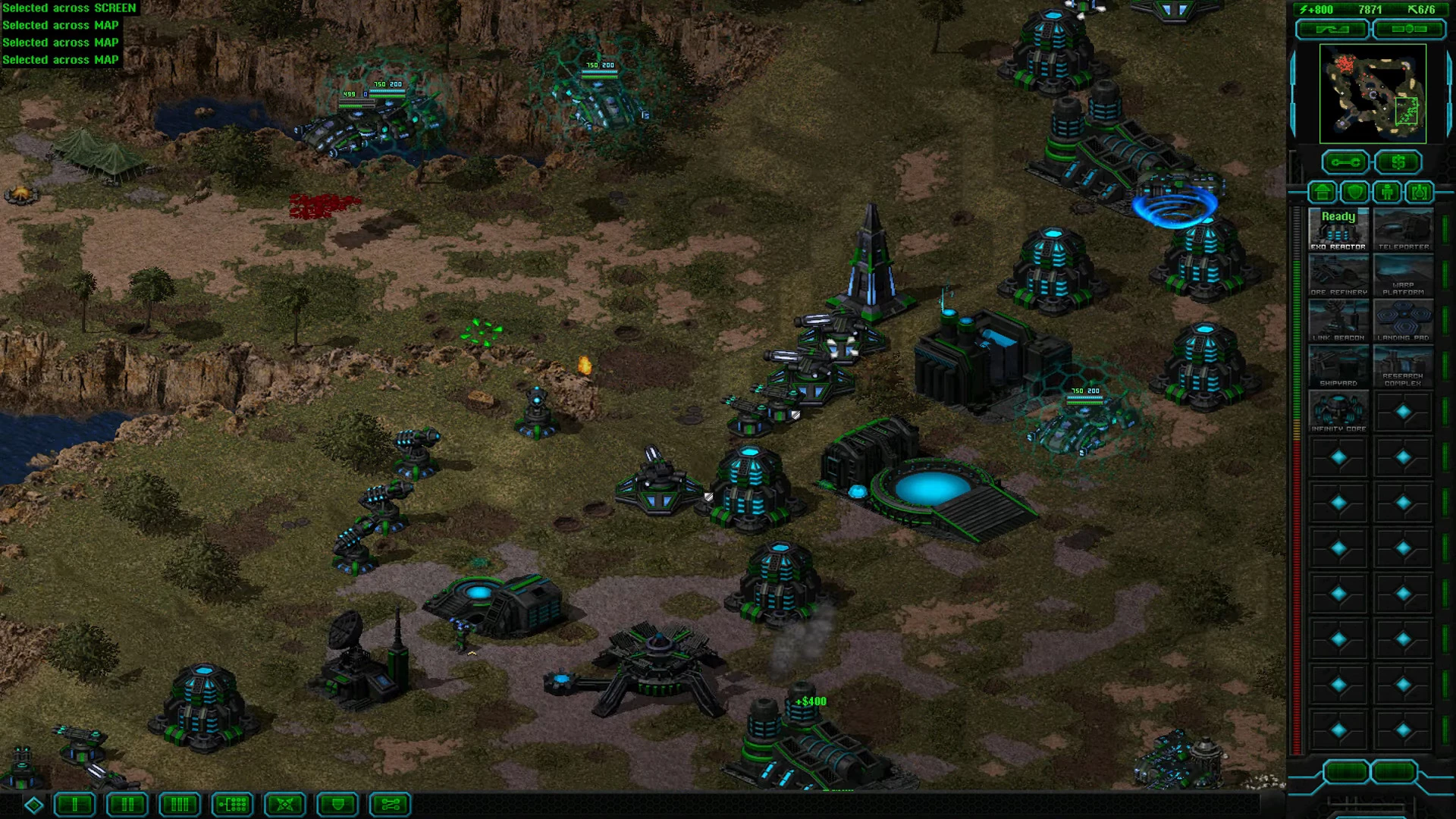 Futuristic base with multiple defense turrets and structures in Command & Conquer Yuri's Revenge mod Project Phantom