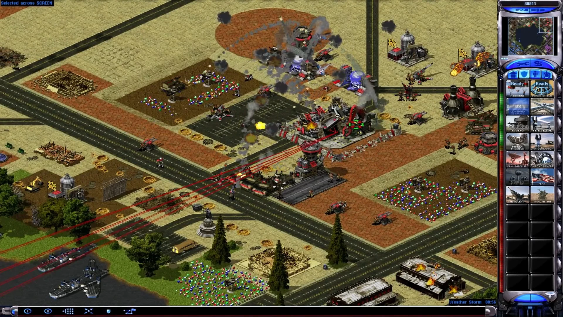 Скриншот геймплея Command & Conquer Yuri's Revenge с базой под сильной лазерной и ракетной атакой в моде Ra2Yr Modern Warfare