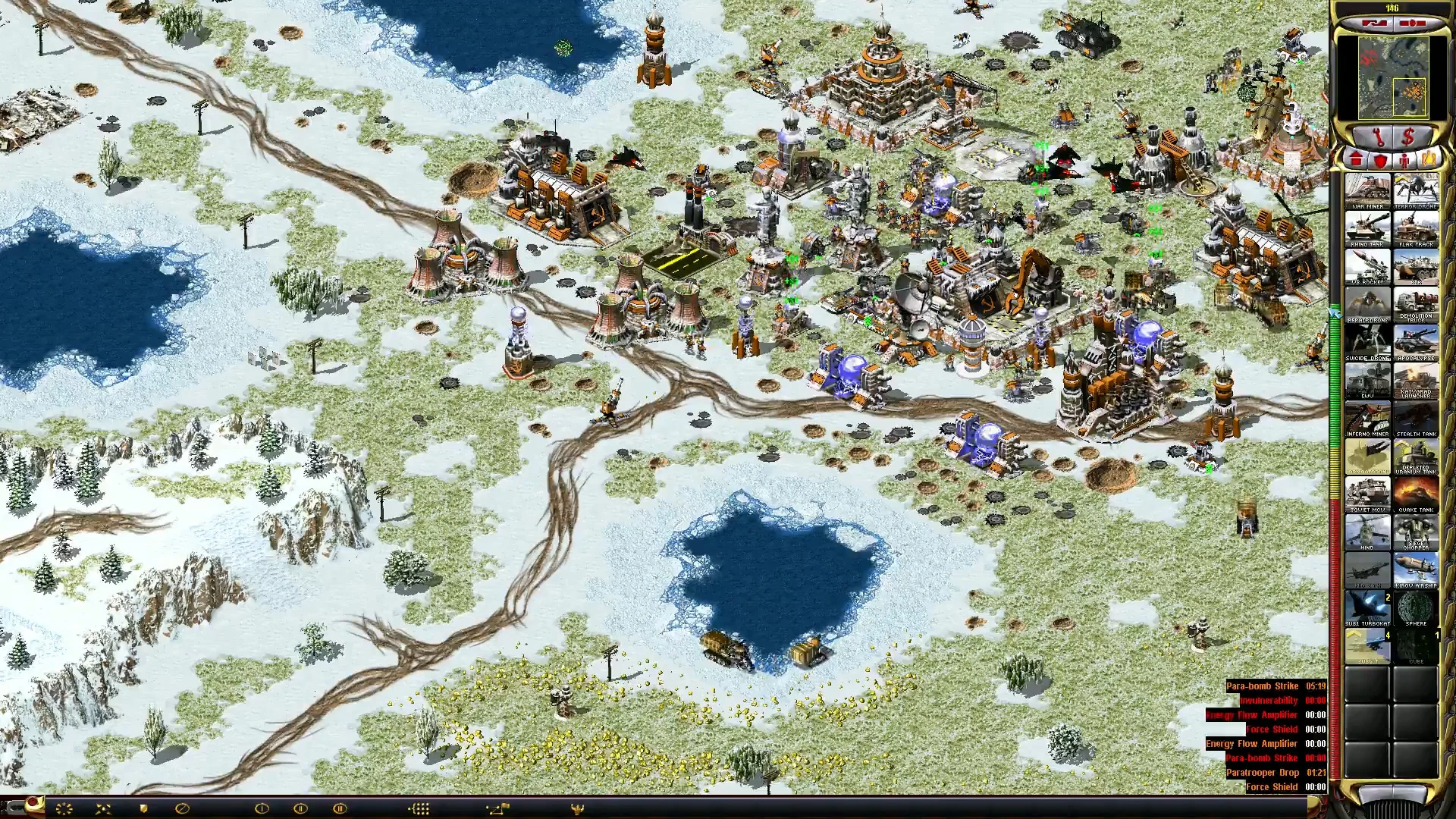 Snow-covered battlefield with buildings, various military units, and interface of Red Alert 2 Apocalypse mod