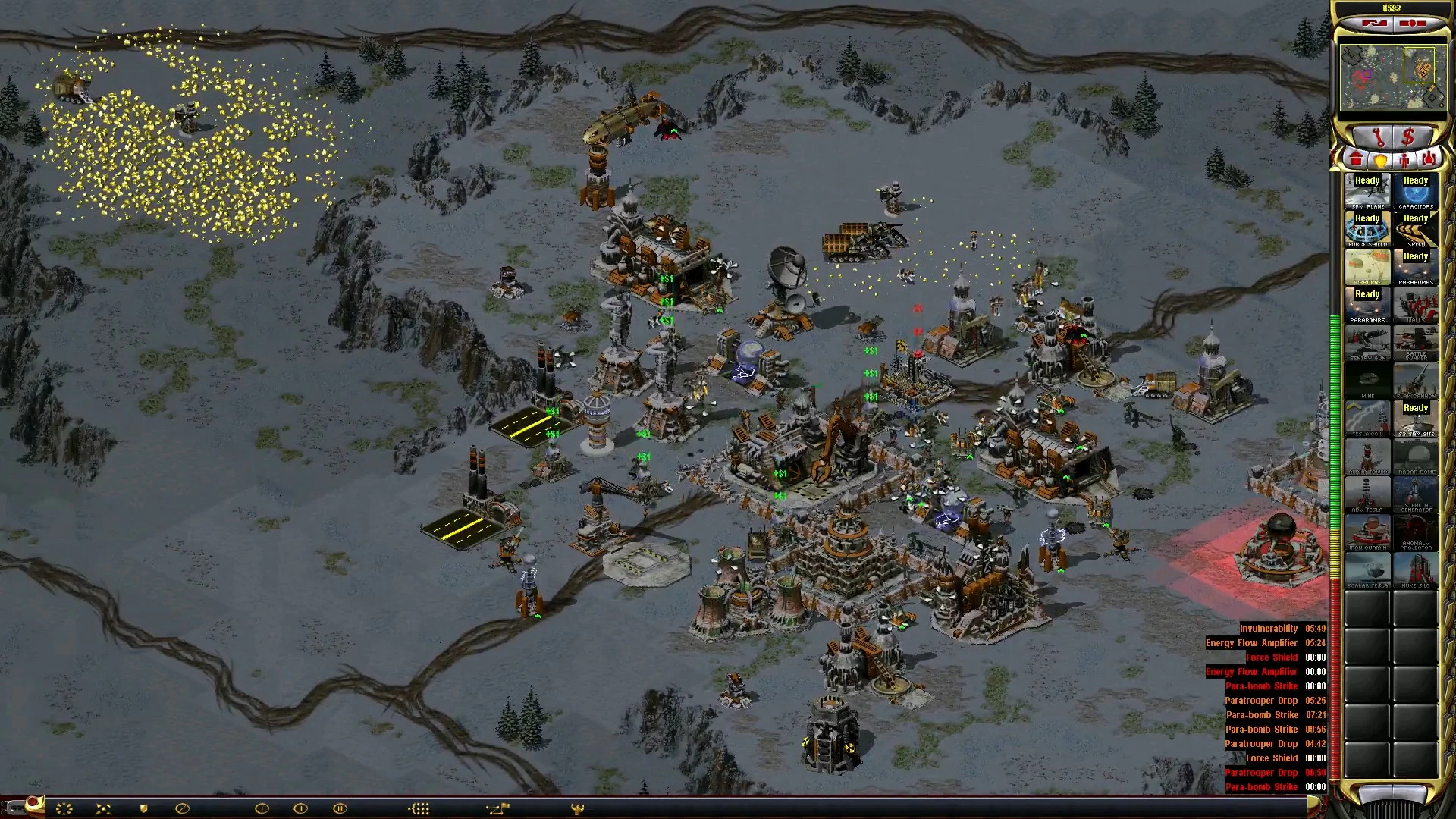 Screenshot of detailed snowy base with multiple buildings and units in Red Alert 2 Apocalypse mod