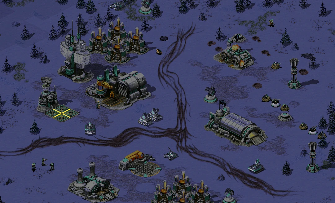 Ночная база с постройками, танками и обороной в моде Flipped Missions для Red Alert 2