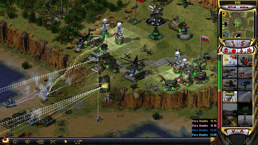 Gameplay-Screenshot zeigt Basisverteidigung mit Hubschraubern, Panzern und Tesla-Spulen im Red Alert 2 YR: New Horizons Mod