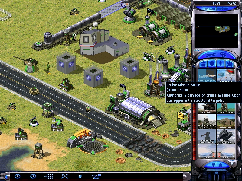Spiel-Screenshot mit Raketenangriffs-Befehlsinterface und Basis mit Verteidigungseinheiten im Red Alert 2 YR New Horizons Mod