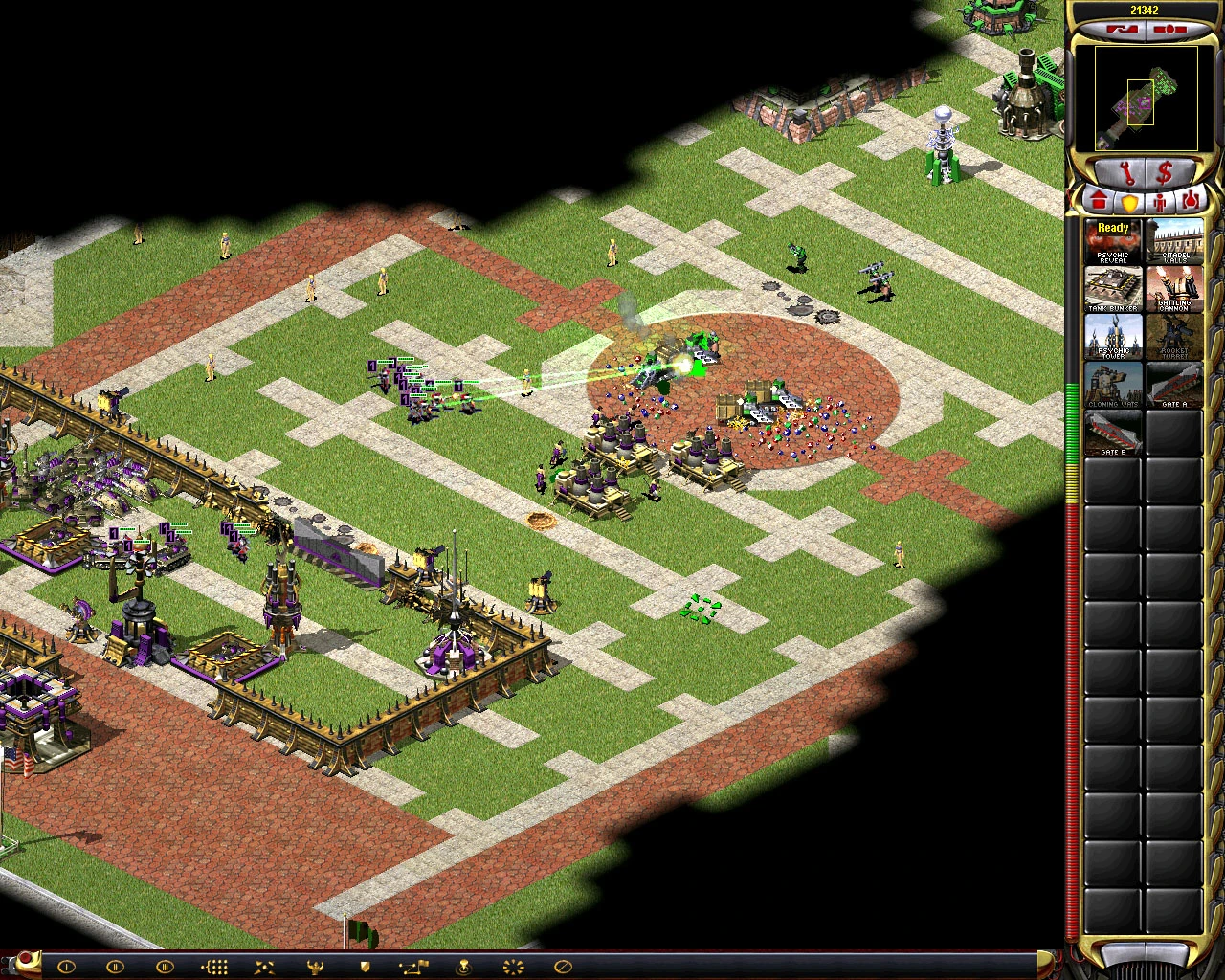 Zrzut ekranu intensywnej walki z jednostkami i budowlami w modzie Begin Disasters do Yuri's Revenge